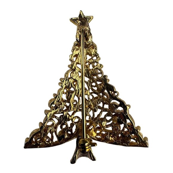Gold Tone Christmas Tree Brooch Red Rhinestones Holiday Jewelry Vintage Festive - Picture 2 of 3